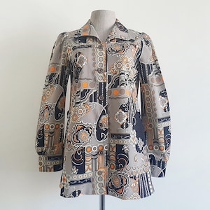 Vintage Black Brown Baroque Print Shirt XS | Womens Long Puff Sleeve Blouse Button Up Top Collared Polyester Retro Hippie Hipster Statement
