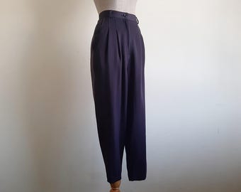 Pantalones vintage 100% lana morados de corte cónico, cintura alta, plisados, estilo minimalista, talla XS, cintura de 65 cm (25,5").