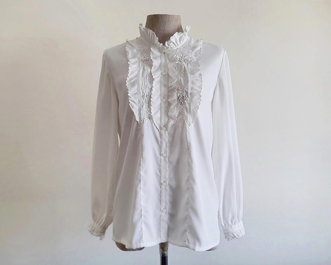Buy 80s Vintage White Embroidered Blouse XS Ruffle Neck Collar Long  Sleeve Top Victorian Romantic Online in India