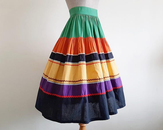 Rainbow Tiered Skirt Vintage Cotton Midi Skirt Womens Full Skirt Gathered Skirt Elastic Waist Skirt Summer Skirt Hippie Boho Skirt XXS Xs