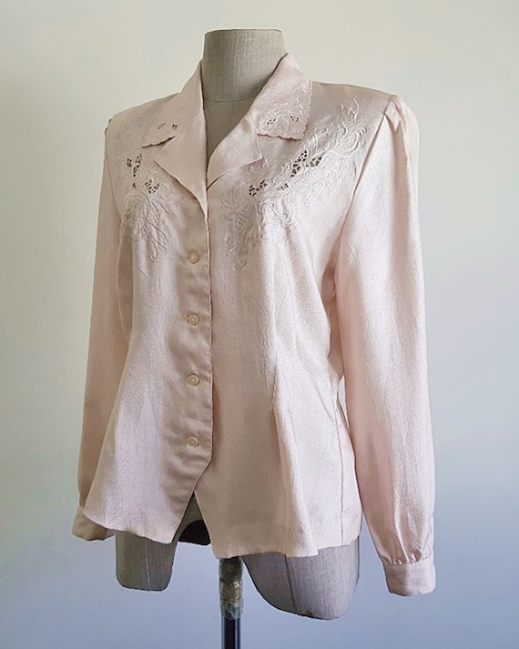Pink Embroidered Blouse Vintage Puff Sleeve Blous… - image 6