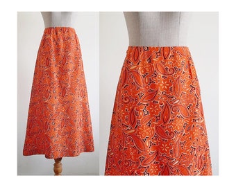 70s Orange Midi Skirt Vintage Paisley Print Skirt Womens Floral Skirt A Line Skirt High Waisted Skirt Hippie Skirt Small 26" Waist