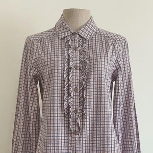 Camisa xadrez vintage cinza e vermelha HUSH PUPPIES XS | Blusa xadrez xadrez feminina xadrez de algodão, manga comprida, gola alta, retrô, escritório, verão