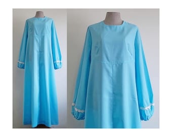 70s Blue Kaftan Dress Vintage Caftan Maxi Dress Womens Bishop Sleeve Dress Crew Neck Dress Loose Dress Polyester Dress Boho Dress Large