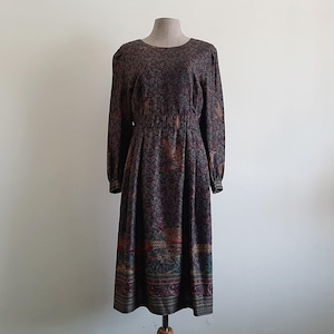 Vintage 80s Purple Paisley Dress Animal Print Long Puff Sleeve Button Back Midi Medium