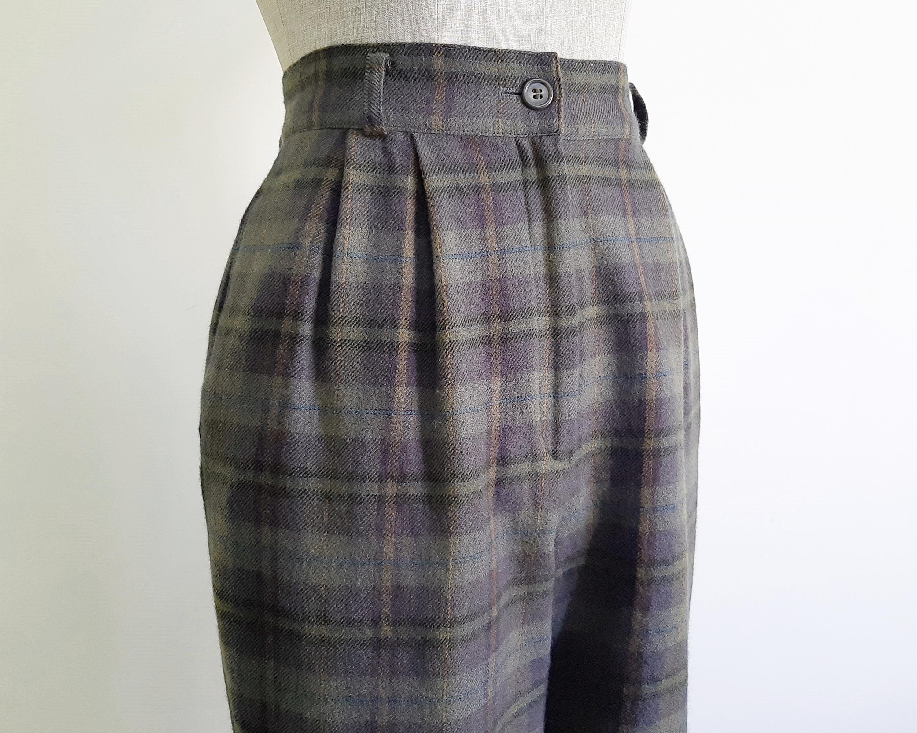 Green Tartan Plaid Pants Vintage High Waisted Pants Womens Wool