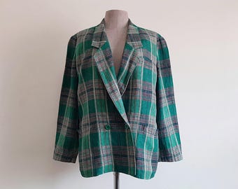 Blazer à carreaux vert vintage pour femme Veste en lin écossaise croisée avec col Sans doublure Été Large