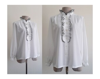 White Ruffle Collar Blouse Vintage Long Sleeve Blouse Womens Button Up Top Polyester Blouse Victorian Blouse Romantic Blouse Large