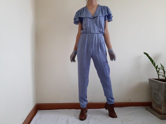 Vintage Blue Jumpsuit Women Wrap Jumpsuit Ruffle J