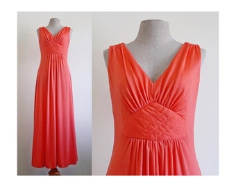 70s Orange Maxi Dress Vintage Prom Dress Womens Formal Dress Evening Dress Disco Dress Sleeveless Dress V Neck Dress Polyester Dress Small