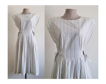 80s White Blue Striped Dress Vintage Cotton Dress Womens Knee Length Dress Japanese Dress Summer Dress Day Dress Casual Dress Small