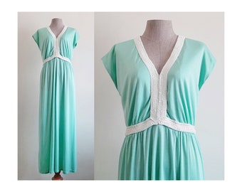 70s EMMA DOMB Green Maxi Dress Vintage Formal Dress Womens Disco Dress Sequin Dress Cap Sleeve Dress V Neck Dress Polyester Dress Large