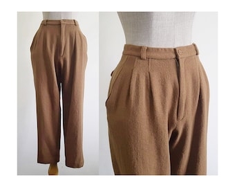 Pantalon fuselé marron vintage, pantalon taille haute, pantalon en laine pour femme, pantalon à plis, pantalon court, pantalon taille haute, pantalon automne, taille de 25 po.