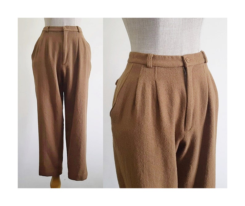 Pantaloni a gamba affusolata marrone Pantaloni a vita alta vintage Pantaloni in lana da donna Pantaloni a pieghe Pantaloni cropped Pantaloni a vita alta Pantaloni autunnali XS 25 Vita immagine 1