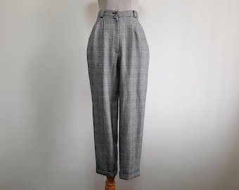 Vintage White Black Glen Plaid Wool Pants High Waisted Tapered Trousers XS 25" Waist