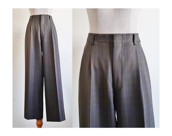 Brown Tartan Plaid Pants Vintage High Waisted Pants Mens Pleated Trousers High Rise Pants Polyester Pants Baggy Pants Small 30" Waist