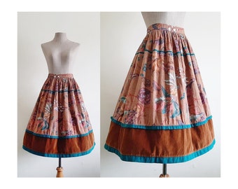 BLUMARINE Brown Floral Skirt Vintage Cotton Skirt Womens Gathered Skirt Knee Length Skirt Full Skirt With Pockets Large 30" Waist