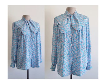 Blue Floral Print Blouse Vintage Ascot Tie Collar Blouse Womens Long Sleeve Top Button Up Blouse Romantic Blouse Feminine Blouse Small