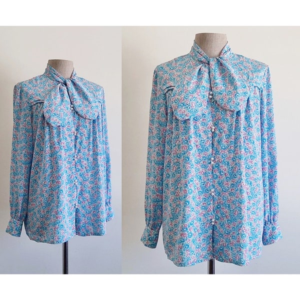 Blue Floral Print Blouse Vintage Ascot Tie Collar Blouse Womens Long Sleeve Top Button Up Blouse Romantic Blouse Feminine Blouse Small