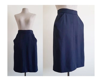 SAINT LAURENT Navy Blue Skirt Vintage Wool Skirt Womens Knee Length Skirt High Waisted Skirt French Skirt With Pockets XS 25" Waist