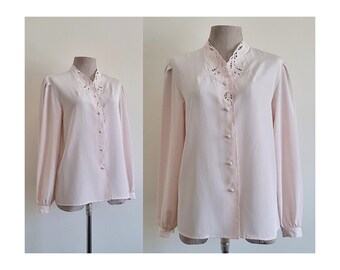 Pink Embroidered Blouse Vintage Eyelet Lace Blouse Womens Puff Sleeve Top Button Up Blouse Cottagecore Blouse Romantic Blouse Small