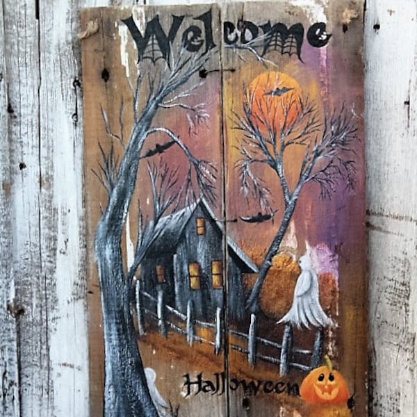 PAINTING  PATTERN  Welcome Halloween painted house barnboard pattern haunted house pattern how to paint Halloween signs