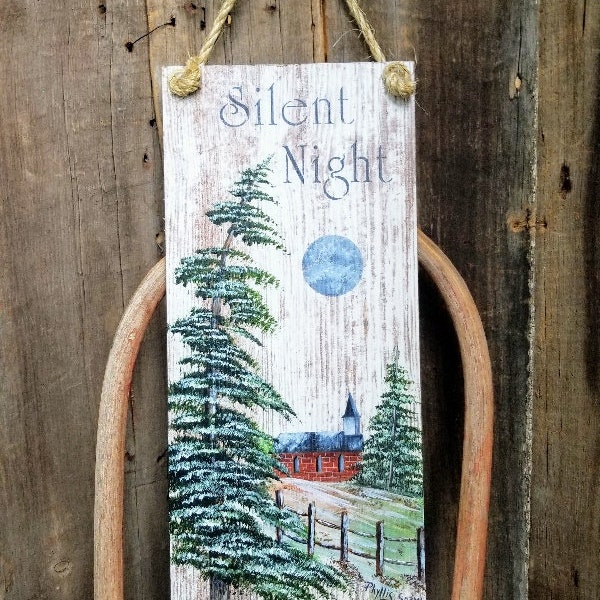 PAINTING PATTERN Silent Night sign, brick red church, www.pspawdesigns.etsy.com,