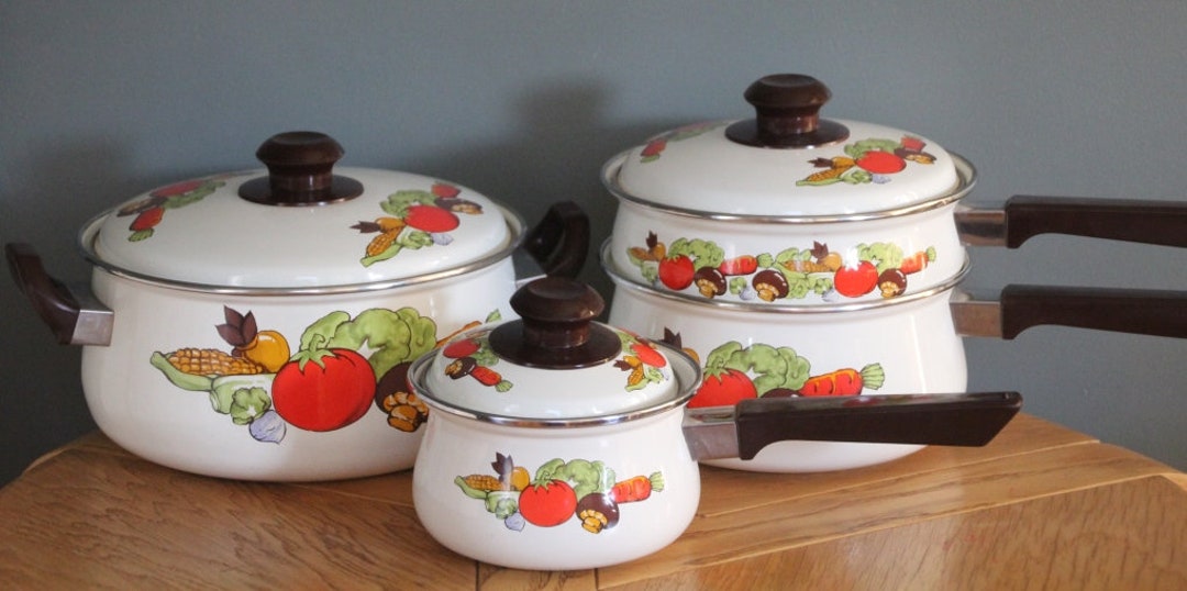 Enamelware Cookware 70s Vintage White Vegetables Set Etsy