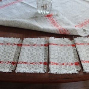 Table linens runner napkins handwoven vintage beige red white vintage Russian