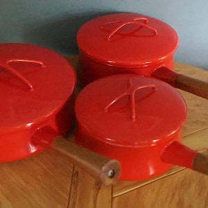 Dansk Designs Kobenstyle Quistgaard red enamelware skillet saucepans vintage