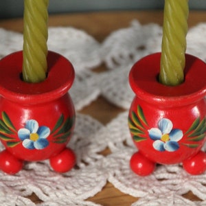 Swedish wood candle holders red vintage