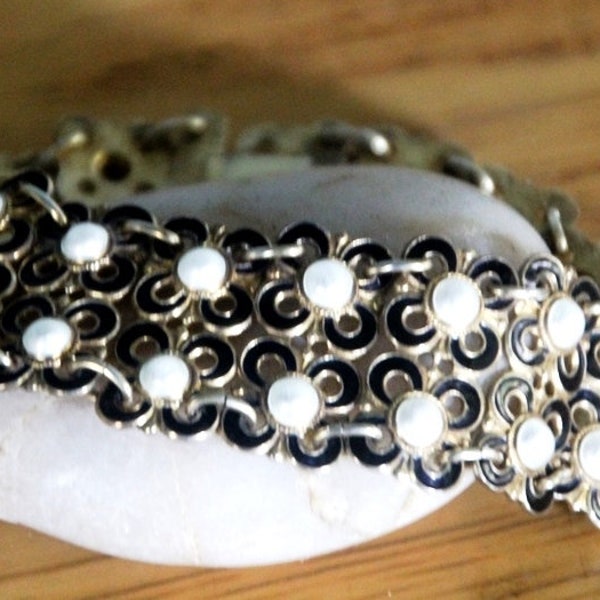 Bracelet enamel gilt sterling David Andersen quatrefoil marked black pearl