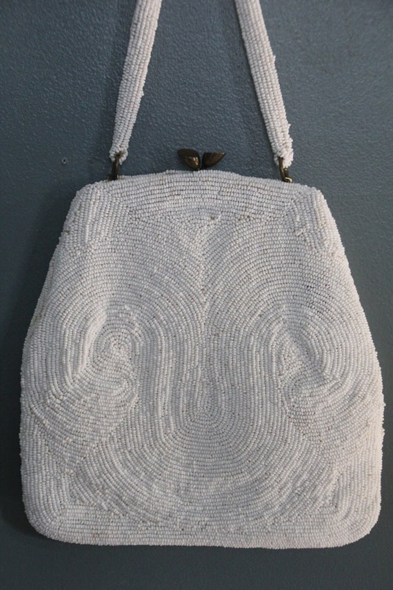 Antique beaded clutch Bride purse bag silver white - image 6