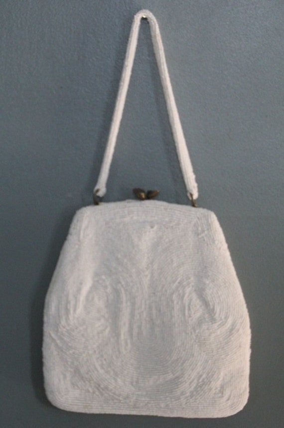 Antique beaded clutch Bride purse bag silver white