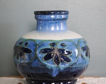 Vase vintage bleu allemand Strehla, poterie d'art, milieu du siècle