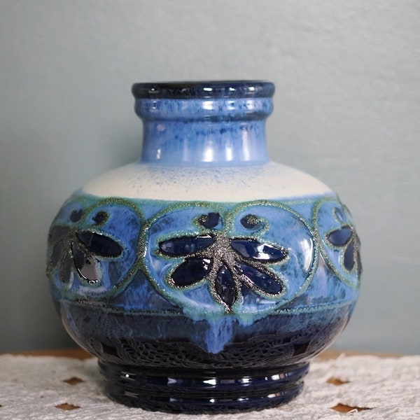 Vase mid century German  Strehla blue art pottery vintage