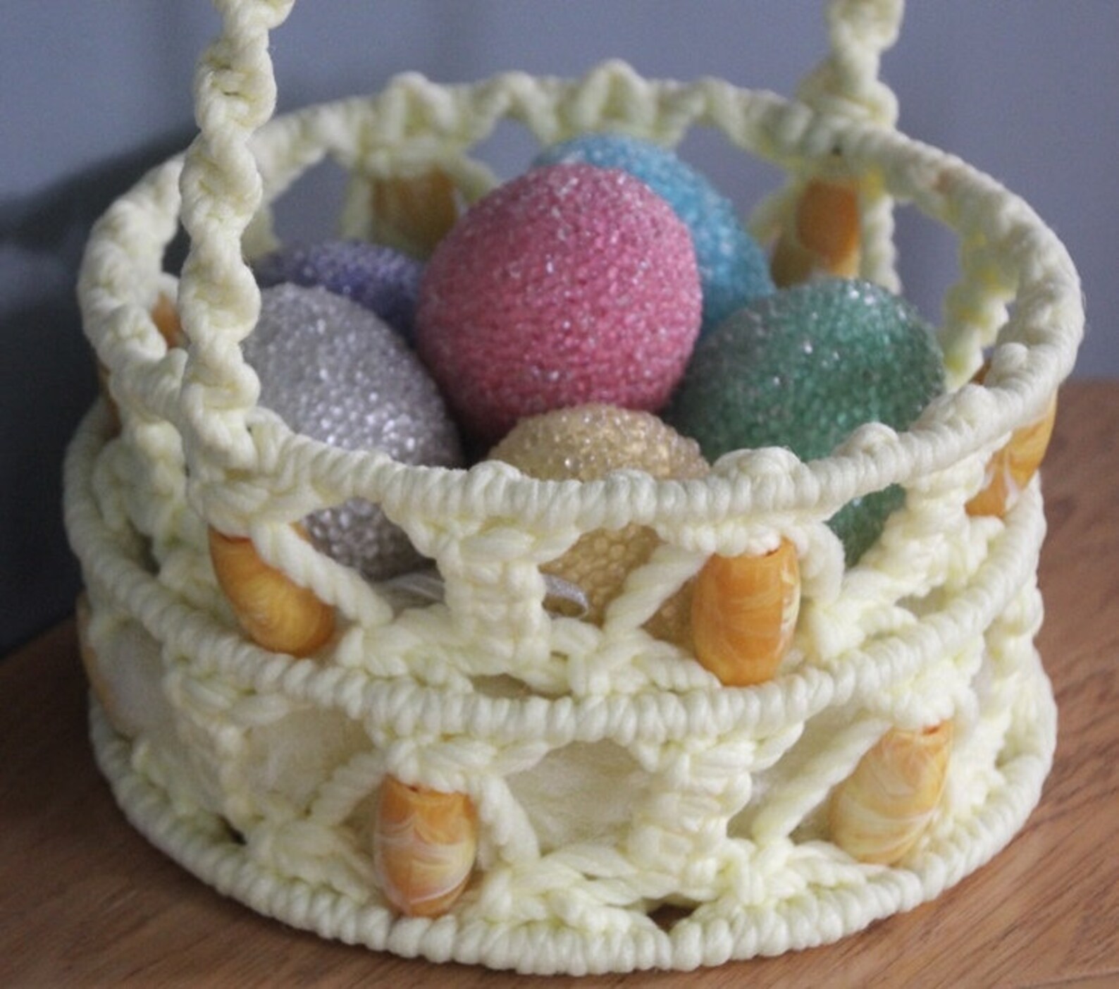 Easter basket macrame May Day vintage yellow Etsy