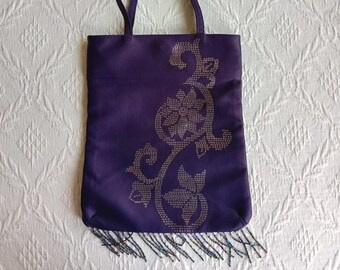 VERSACE Shoulder Bag. Purple. Silver flower. Beaded Fringe. Acetate fabric. Rectangular shape. Made in Italy. Excellent Condition.