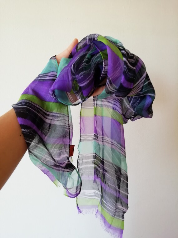 MISSONI vintage silk scarf, 90s, purple, green, b… - image 9