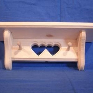 Rustic Country Wooden Pine 12" Shelf with double heart and pegs, unfinished pine, Handmade Wooden Wall Shelf, wooden wall decor, pine shelf