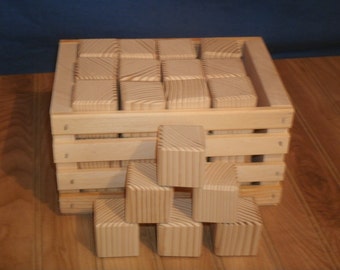 unfinished wood blocks,26 wood baby blocks 1 1/2" square with wood crate,alphabet blocks, craft blocks, baby shower activity blocks