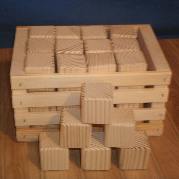 unfinished wood blocks,26 wood baby blocks 1 1/2" square with wood crate,alphabet blocks, craft blocks, baby shower activity blocks