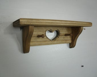 Rustic Country Wooden Pine 12" Shelf with heart and pegs, walnut stain, wooden wall Shelf,  Handmade wooden wall decor, pine shelf