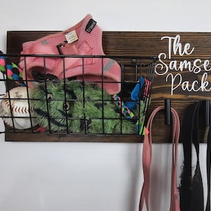 Custom Personalized Dog Leash Holder w/ Basket, Leash Hook, Toy Basket, Pet Organizer