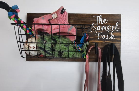 Custom Personalized Dog Leash Holder w/ Basket, Leash Hook, Toy Basket, Pet Organizer