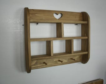 Trinket shelf, wooden heart shelf, heart trinket shelf with pegs, heart shelf with pegs, shadow box, rustic heart shelf, trinket wall shelf