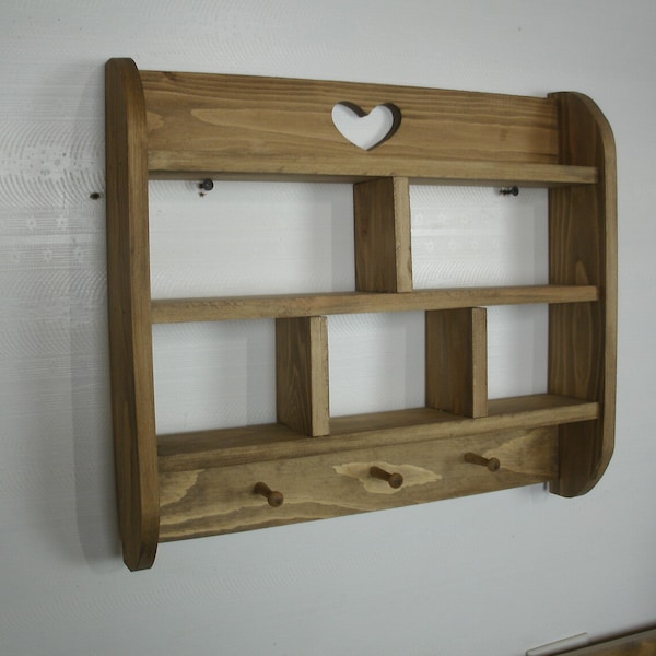 Trinket shelf, wooden heart shelf, heart trinket shelf with pegs, heart shelf with pegs, shadow box, rustic heart shelf, trinket wall shelf