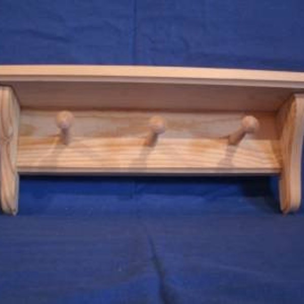 rustic wooden sheves, wooden shelves, wooden wall shelves, wood shelf, Pine 12"  with 3 pegs, unfinished, handmade wooden wall decor