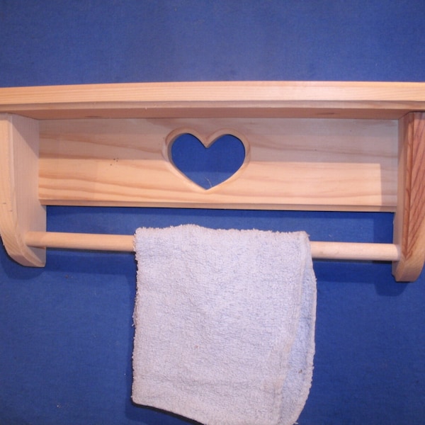 towel rack, wooden towel rack,bathroom towel rack, wooden wall shelf unfinished pine  16"  with heart, unfinished shelf, Wall decor