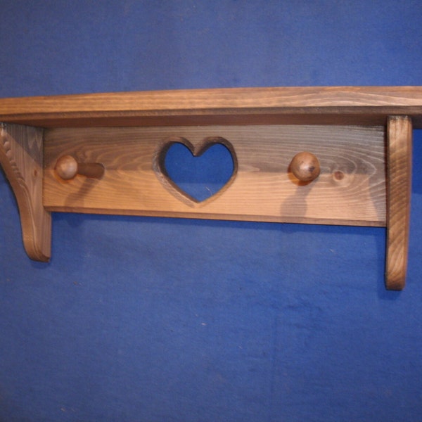 wooden shelves, rustic wooden shelves, wood sheves, wooden wall shelves, wooden wall decor wooden shelf, 16" with heart/ pegs walnut stain.